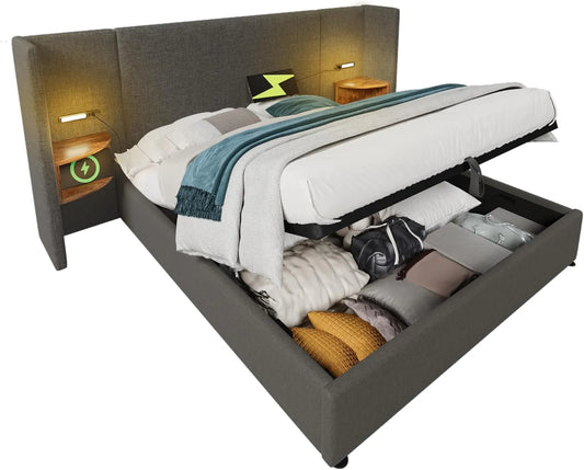 Lit Double 180x200 cm en Lin avec Tête de Lit, Lampe LED et Port USB-C, Cadre de Rangement en Bois et Métal, Gris, Matelas Non Inclus