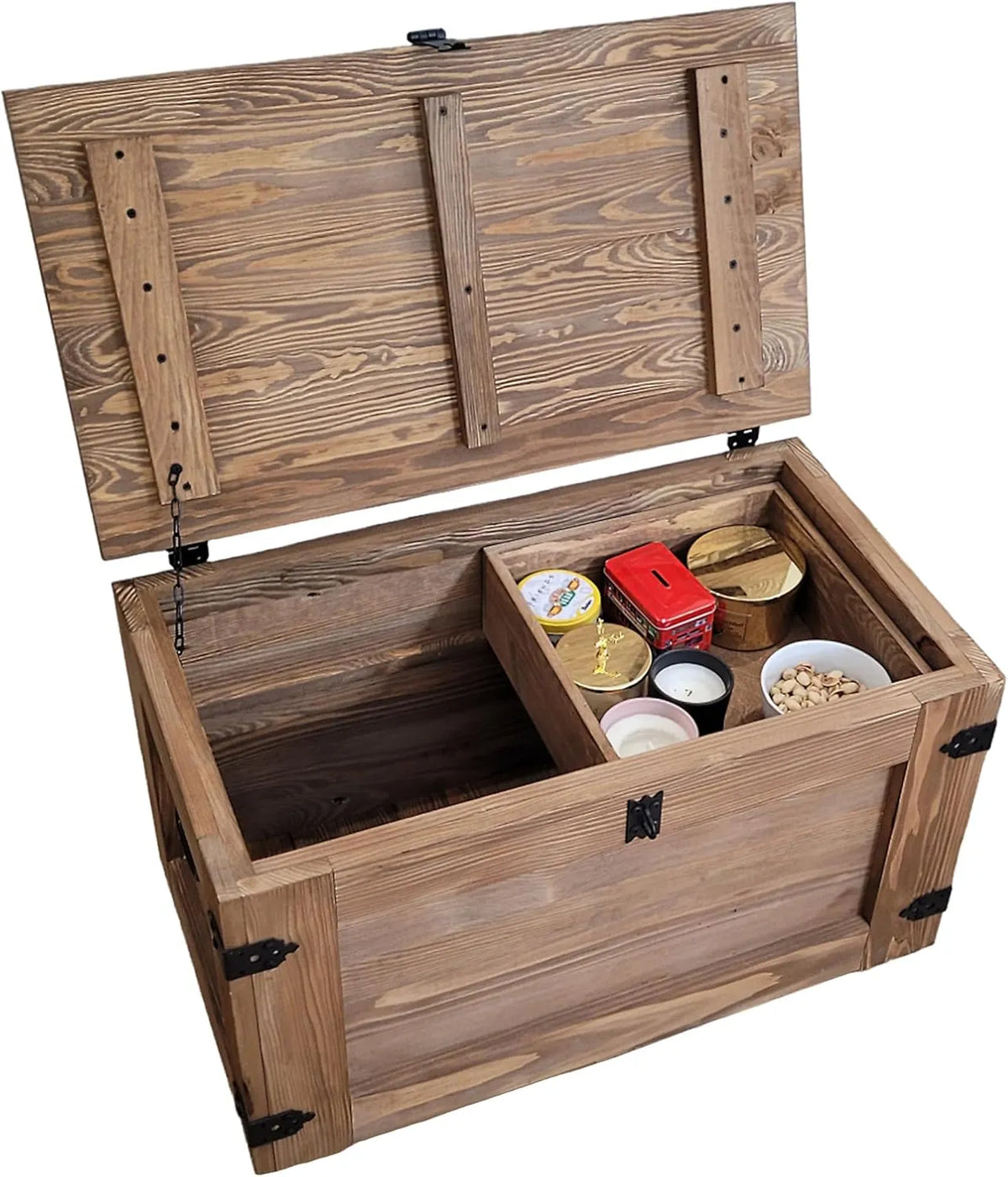 Coffre de rangement en bois avec roulettes et étagère ajustable, couvercle rabattable - 80 x 47 x 45 cm - Wengé