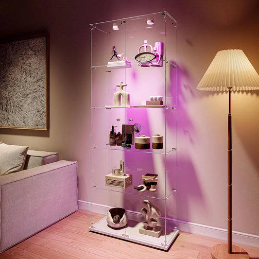 Armoire Vitrine en Verre avec Éclairage LED et 2 Portes, 5 Étagères Transparentes pour Collection, Meuble Idéal pour Salon ou Bar (Blanc)