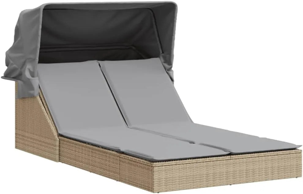 Lit de Jardin Double en Rotin avec Baldaquin et Coussins Beiges
