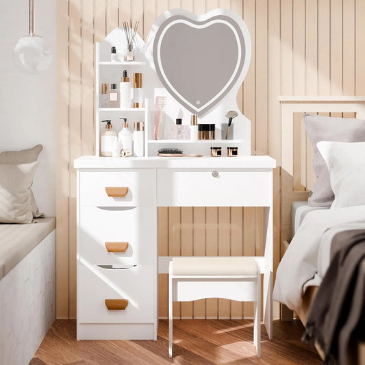 Coiffeuse Moderne Blanche avec Miroir LED Cœur et Tabouret, 4 Tiroirs et Étagères