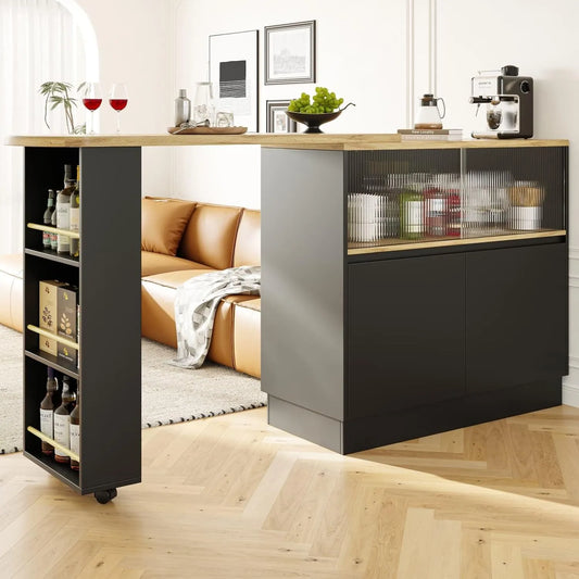 Table de Bar Extensible avec Rangement, Meuble Rotatif à 360°, 2 Portes en Verre et Étagères Latérales – Noir