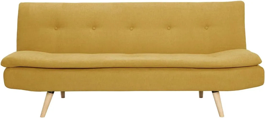 Sofa Convertible 3 Places en Velours Jaune Moutarde et Bois Clair