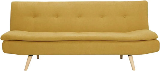 Sofa Convertible 3 Places en Velours Jaune Moutarde et Bois Clair