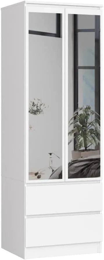Armoire avec Miroir, 2 Portes et 2 Tiroirs pour Chambre, Salon, Entrée, 180x60x51 cm, Blanc