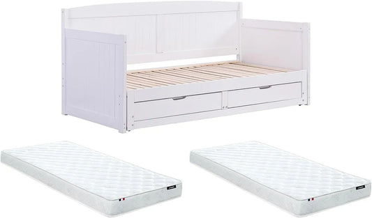 Lit Banquette Gigogne Enfant 90x190/180x190 cm avec Tiroirs et Sommier - Pin MDF Blanc + Matelas - DINIVA