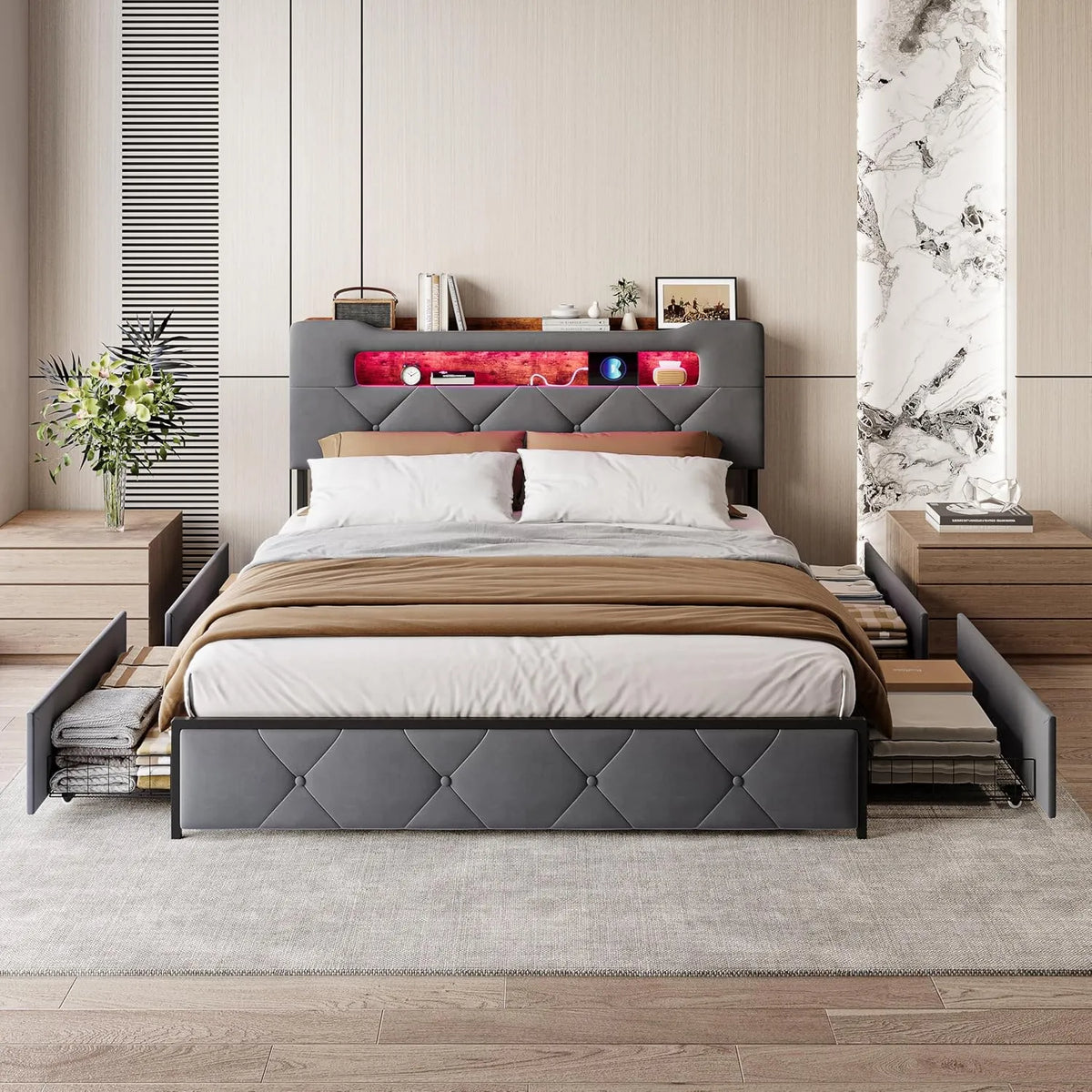 Lit Double Velours avec Tiroirs, Sommier, LED et Port USB, 140x200 cm