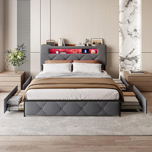 Lit Double Velours avec Tiroirs, Sommier, LED et Port USB, 140x200 cm