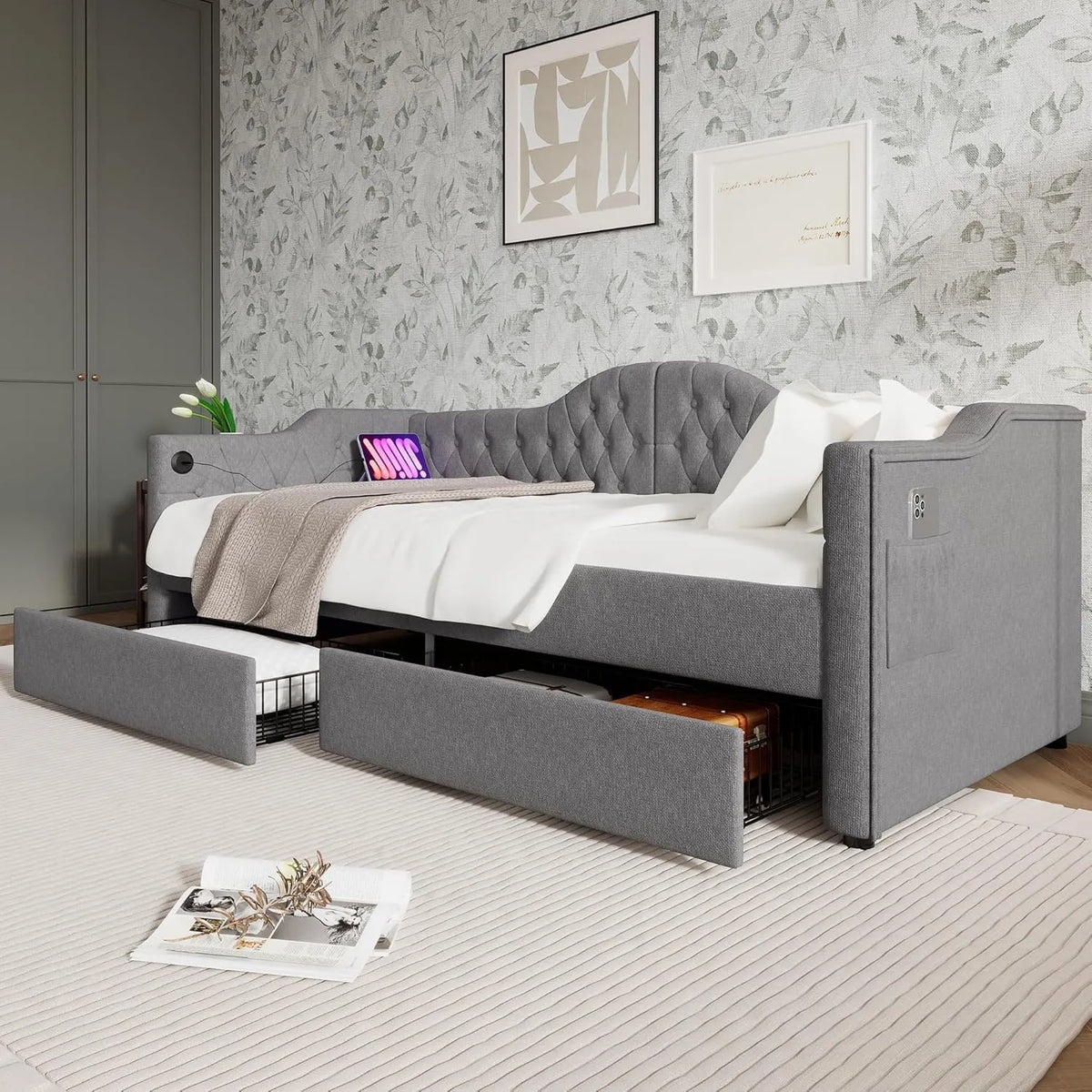 Lit Multifonction Merax 190x90 cm avec Chargeur et Rangement, Canapé Convertible en Lin