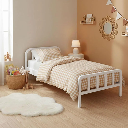 Lit Enfant 90x190 en Bois Massif Blanc avec Tête Arrondie