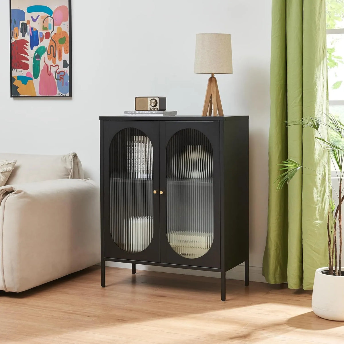 Armoire de Rangement Élegante en Acier et Verre Noir 102x80x40cm