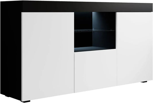 Buffet Natolia avec Éclairage LED pour Salon et Salle à Manger, Finition Mâte en Mélamine, Noir et Blanc 150x83x40 cm