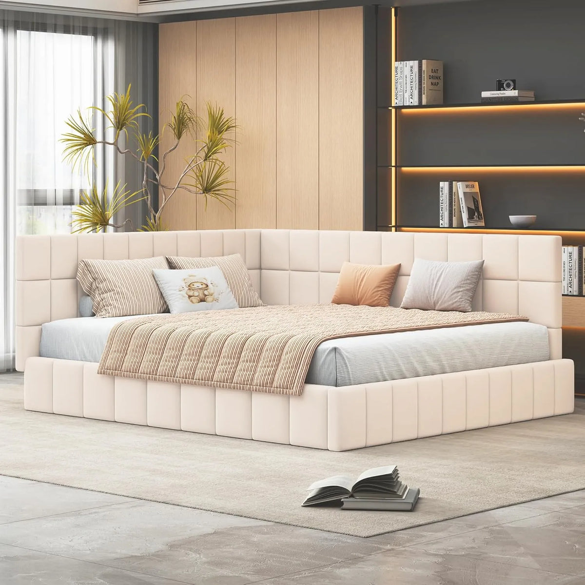 Canapé-lit Velours Beige 160x200 cm avec Sommier à Lattes