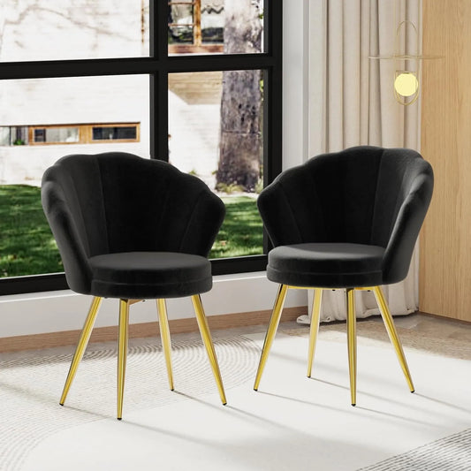 Fauteuils en velours noir avec pieds dorés pour salon et chambre - Lot de 2