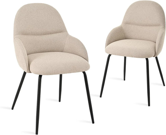 Ensemble de 2 Chaises de Salle à Manger avec Accoudoirs, Tissu Lin Beige, Design Moderne, Cadre Métallique Solide, Idéales pour Cuisine et Salon