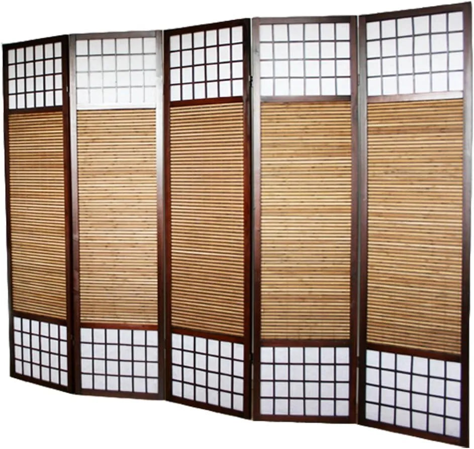 PEGANE Paravent Japonais en Bois et Bambou à 5 Panneaux - Marron