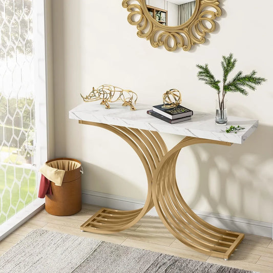 Table Console Moderne Blanche et Dorée pour Entrée et Salon, 100x30x80 cm - Tribesigns