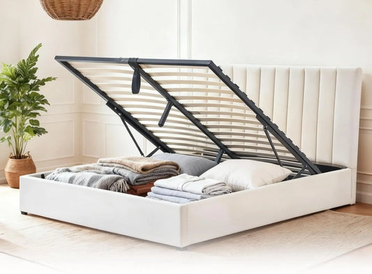 Lit Double Coffre Beige 180x200 en Velours avec Tête de Lit Rembourrée et Sommier