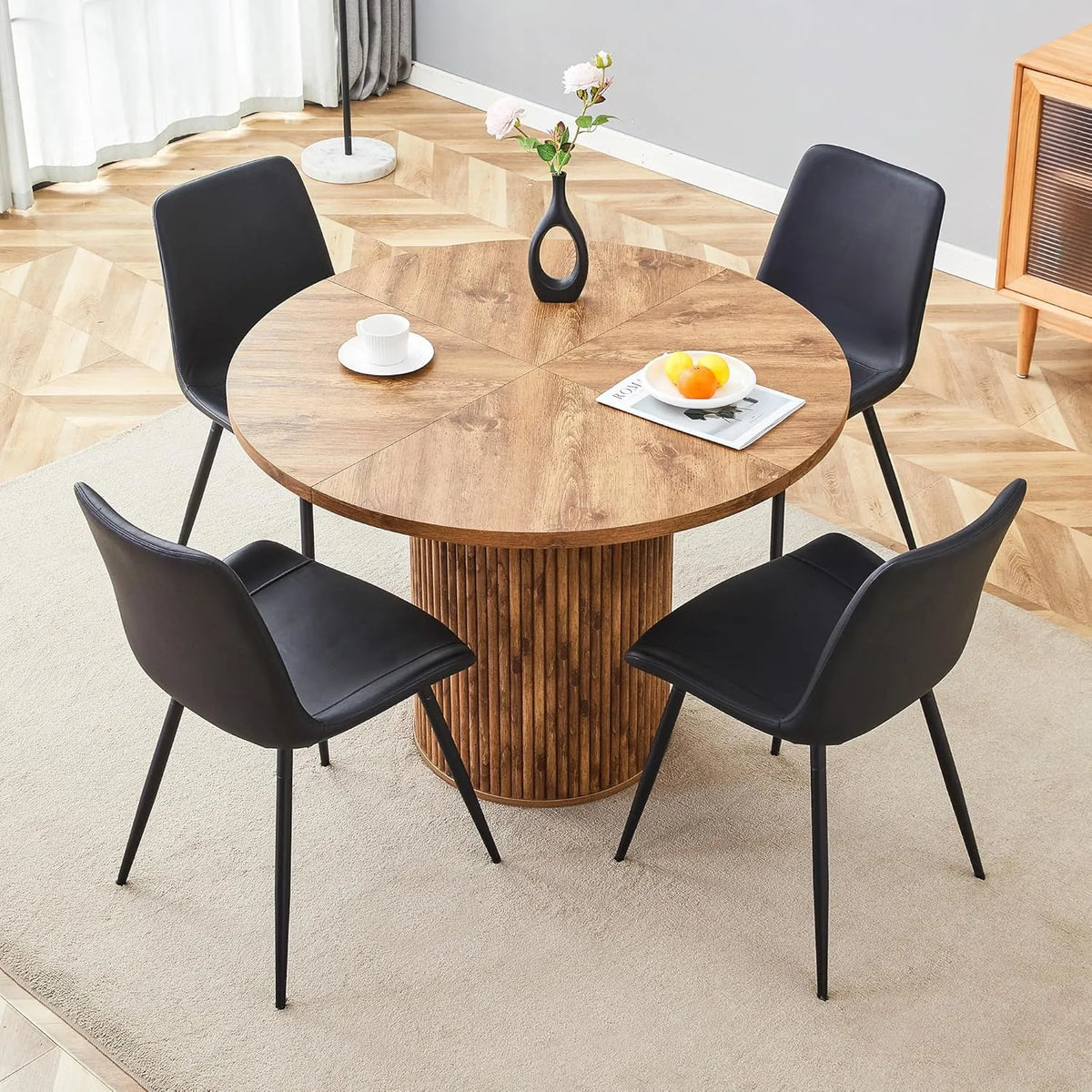 Ensemble de Salle à Manger 5 Pièces, Table Ronde 100 cm Effet Bois avec Verre et 4 Chaises en Tissu Moderne