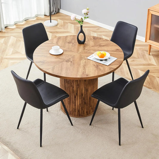 Ensemble de Salle à Manger 5 Pièces, Table Ronde 100 cm Effet Bois avec Verre et 4 Chaises en Tissu Moderne