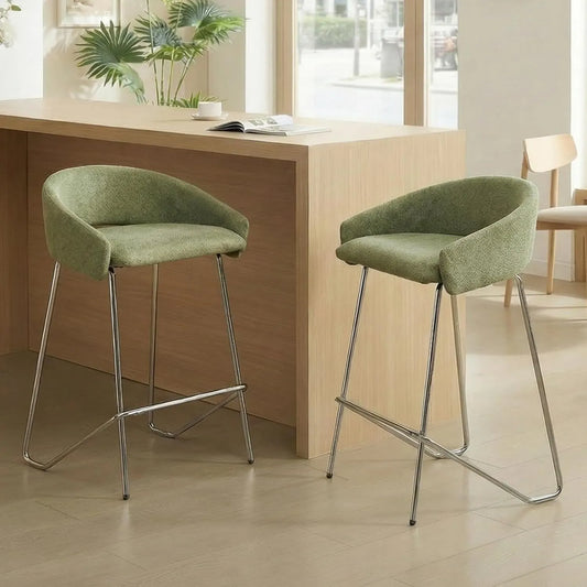 Ensemble de 2 Tabourets de Bar Modernes en Chenille et Métal, Chaises de Cuisine Hautes pour Îlot, Vert