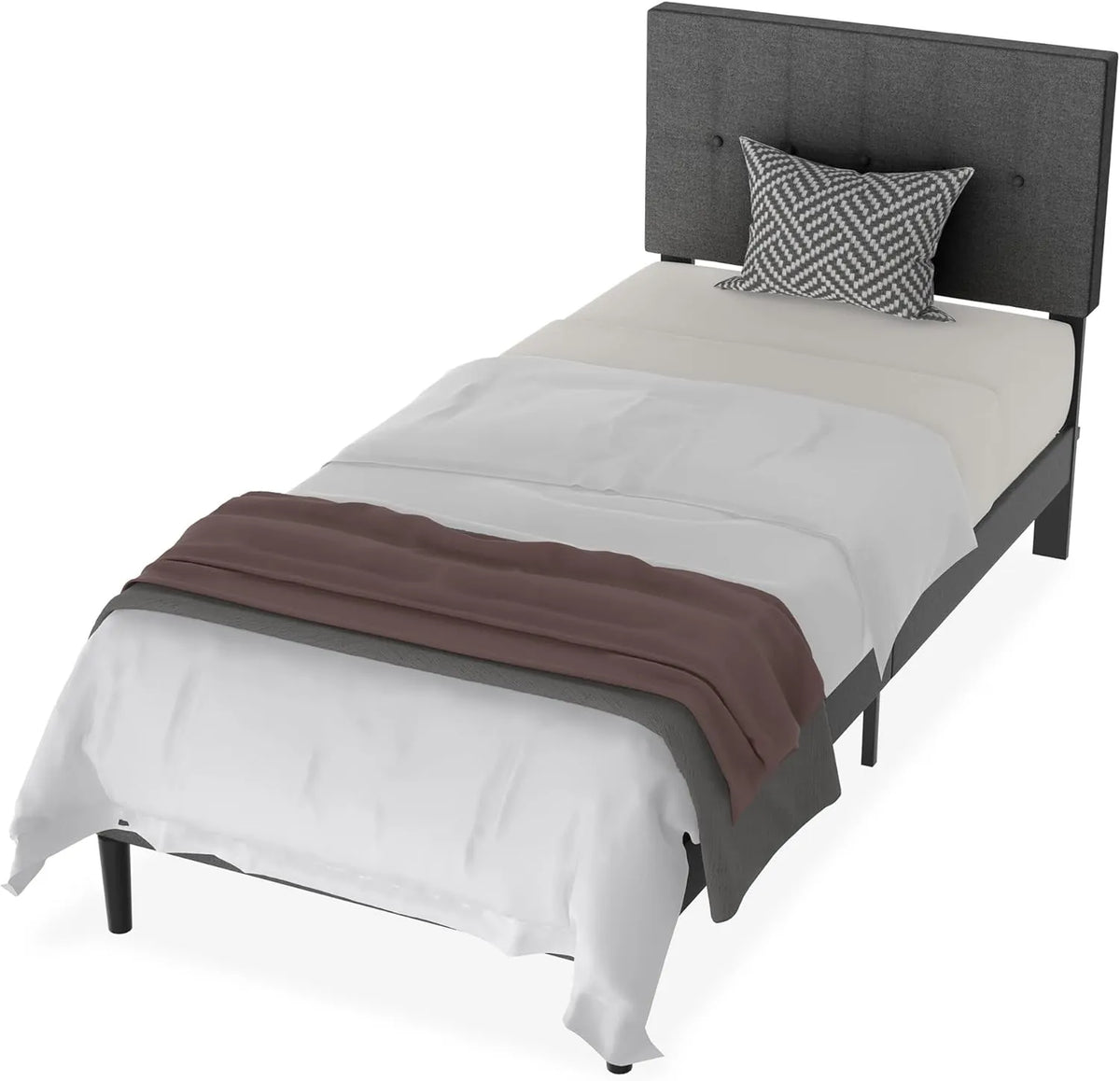 Lit Capitonné en Lin avec Sommier à Lattes, Cadre Simple ou Double, 300 kg - Gris Foncé 90 x 200