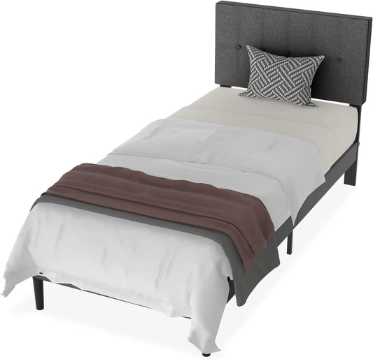 Lit Capitonné en Lin avec Sommier à Lattes, Cadre Simple ou Double, 300 kg - Gris Foncé 90 x 200