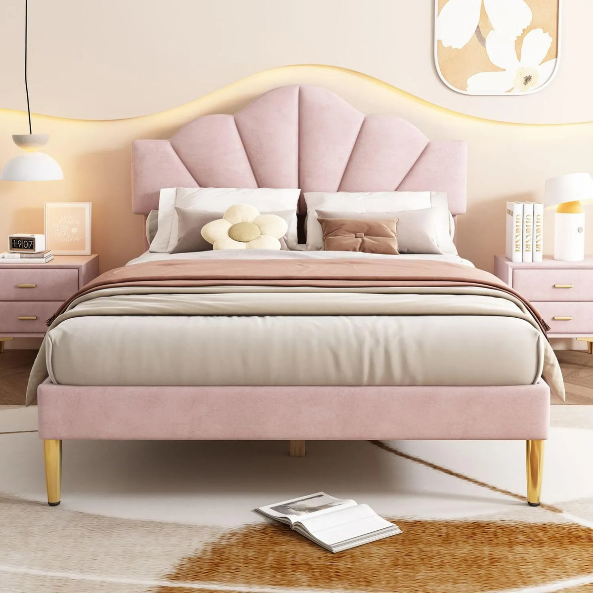 Lit Double Velours Rose 140x190 cm, Design Coquillage Élegant avec Pieds Dorés, Tête Réglable et Sommier à Lattes
