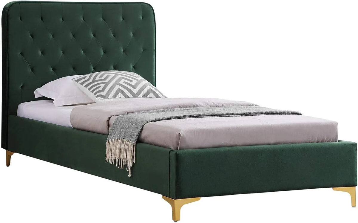 Lit Simple 90x190 cm en Velours Vert avec Pieds Dorés, Style Baroque