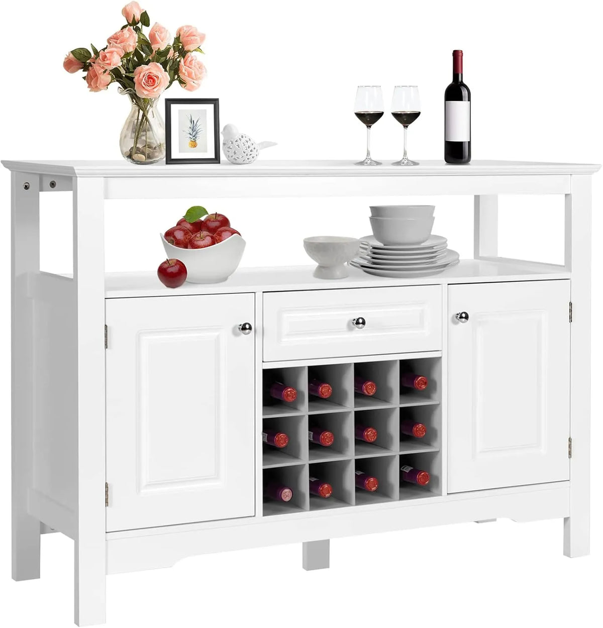 Buffet de Cuisine en Bois Blanc avec Porte-Bouteille pour 12, Tiroir et Placards