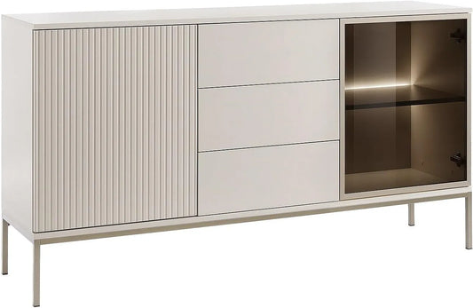 Buffet Moderne 2 Portes, 3 Tiroirs avec LEDs, MDF et Verre Fumé - Beige/Noir