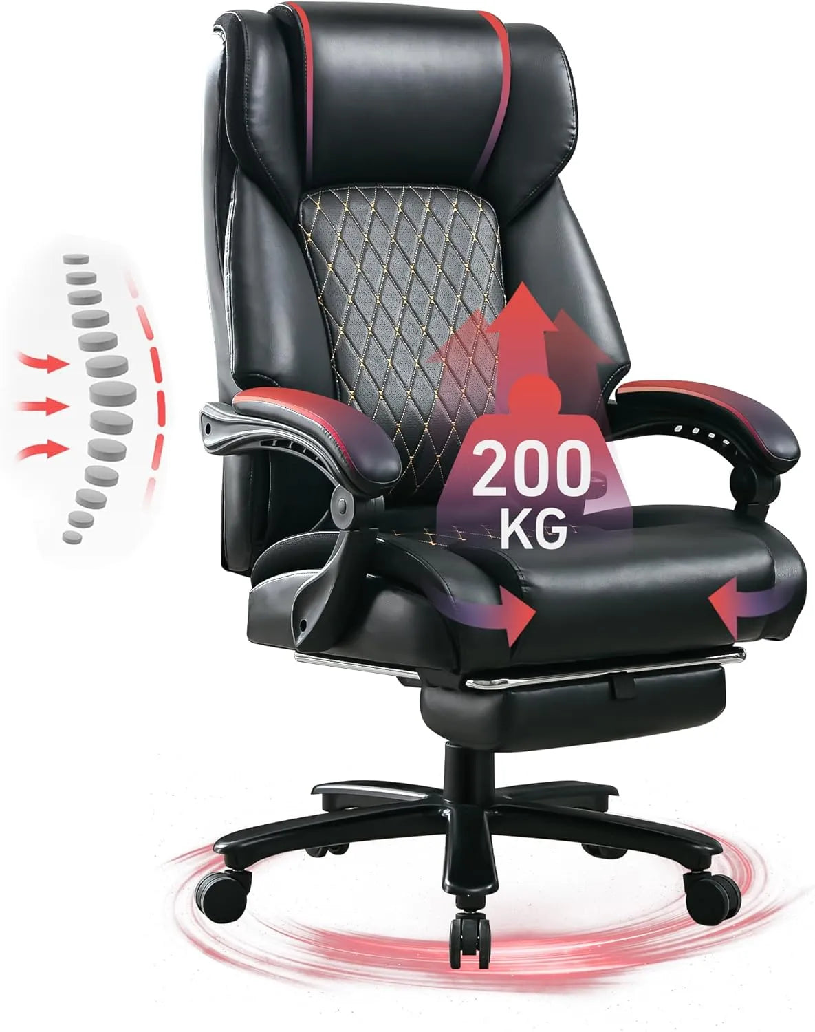 Chaise de Bureau Ergonomique 200 KG avec Support Lombaire, Dossier Haut, Repose-pieds, Inclinaison 135°, Base Métallique