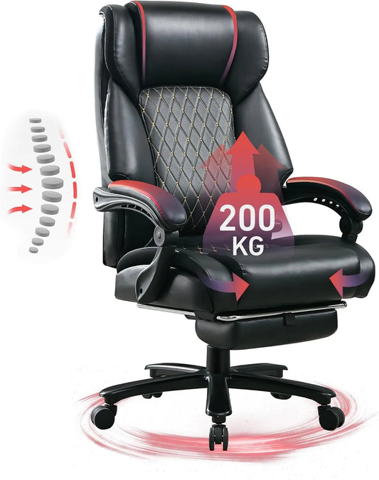 Chaise de Bureau Ergonomique 200 KG avec Support Lombaire, Dossier Haut, Repose-pieds, Inclinaison 135°, Base Métallique