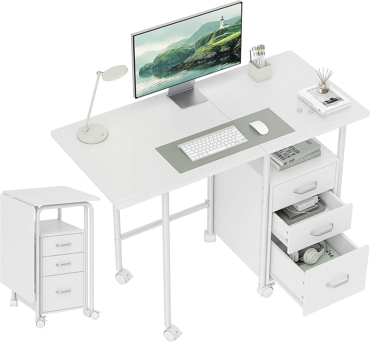 Bureau d'ordinateur pliable avec roulettes et 3 tiroirs, plateau extensible, cadre en acier, 105x51x75,5 cm, idéal pour télétravail, chambre et salle d'étude, design moderne, blanc