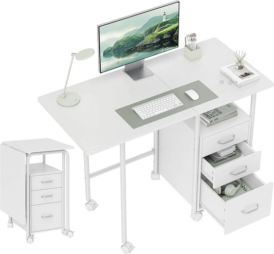 Bureau d'ordinateur pliable avec roulettes et 3 tiroirs, plateau extensible, cadre en acier, 105x51x75,5 cm, idéal pour télétravail, chambre et salle d'étude, design moderne, blanc