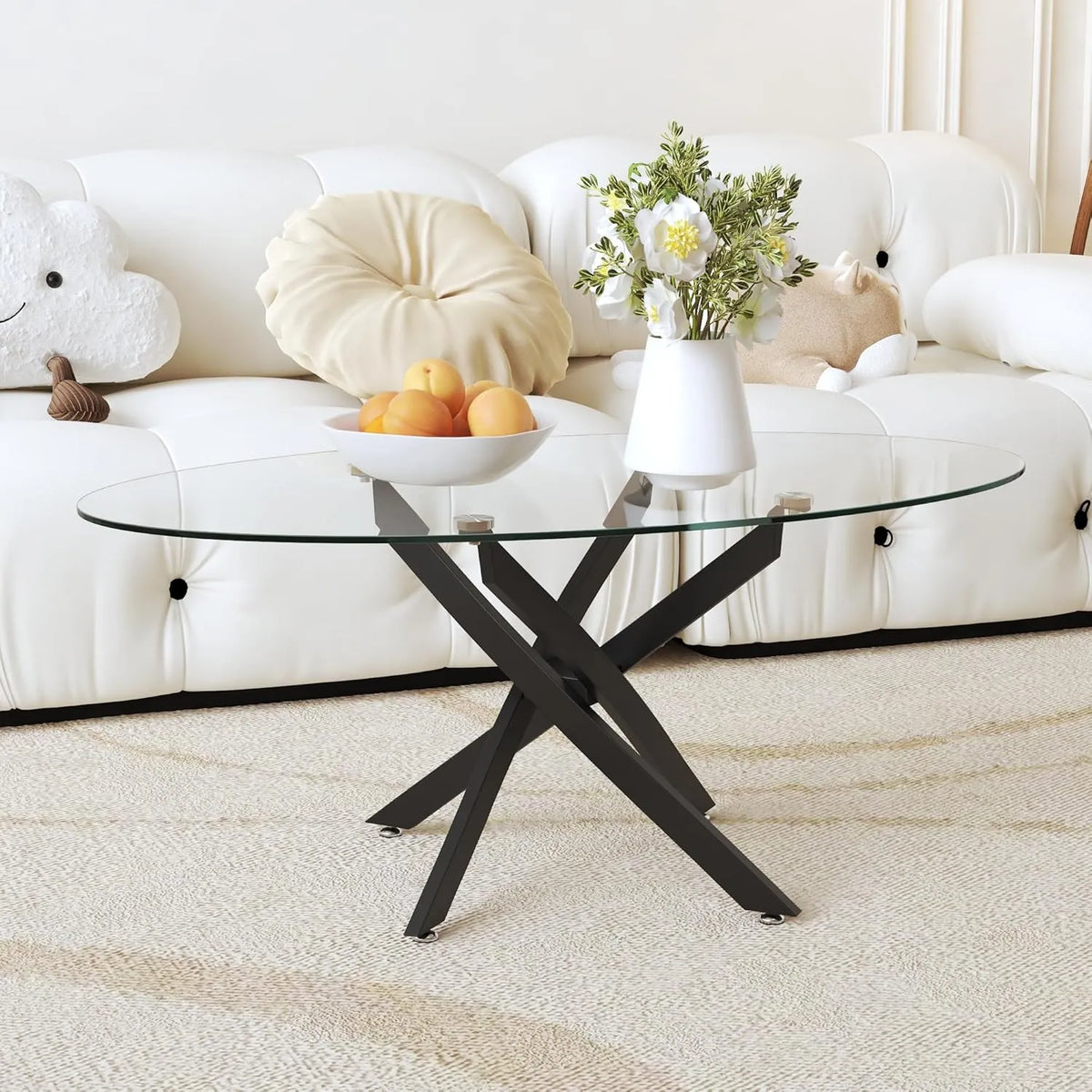Table basse ovale moderne en verre trempé et métal noir pour salon