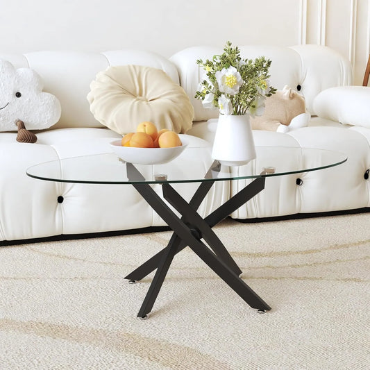 Table basse ovale moderne en verre trempé et métal noir pour salon