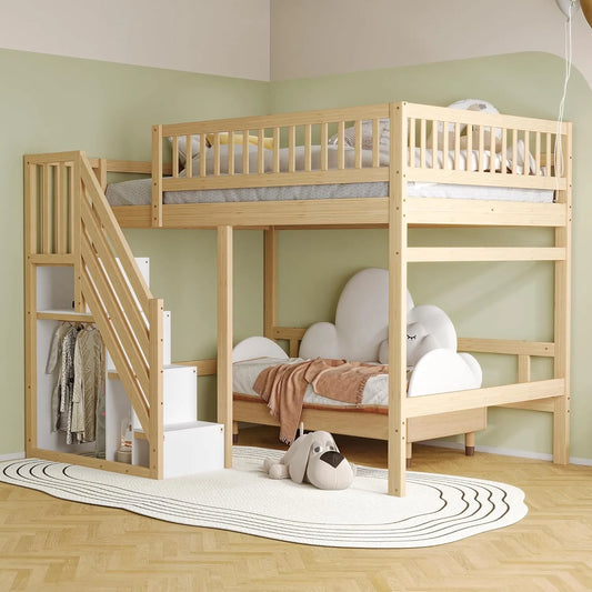 Lit mezzanine en bois massif avec escalier intégré et rangement, 140 x 200 cm, idéal pour enfants et adolescents