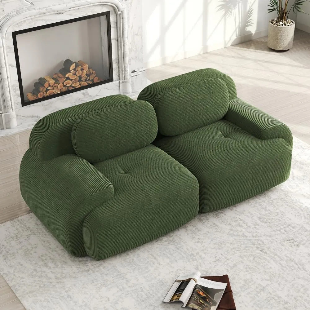 Canapé d'angle modulable en velours côtelé vert, 2 à 4 places avec accoudoirs et repose-pieds