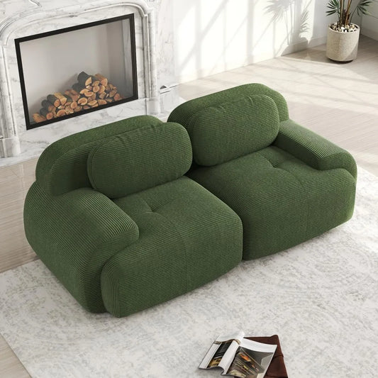Canapé d'angle modulable en velours côtelé vert, 2 à 4 places avec accoudoirs et repose-pieds