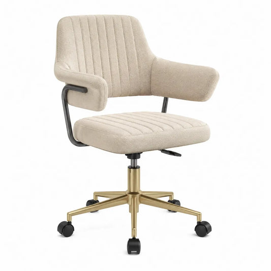 Chaise de bureau à roulettes réglable en hauteur polyester bouclé beige base acier doré accoudoirs noirs 62 x 60 x 82 à 92 cm