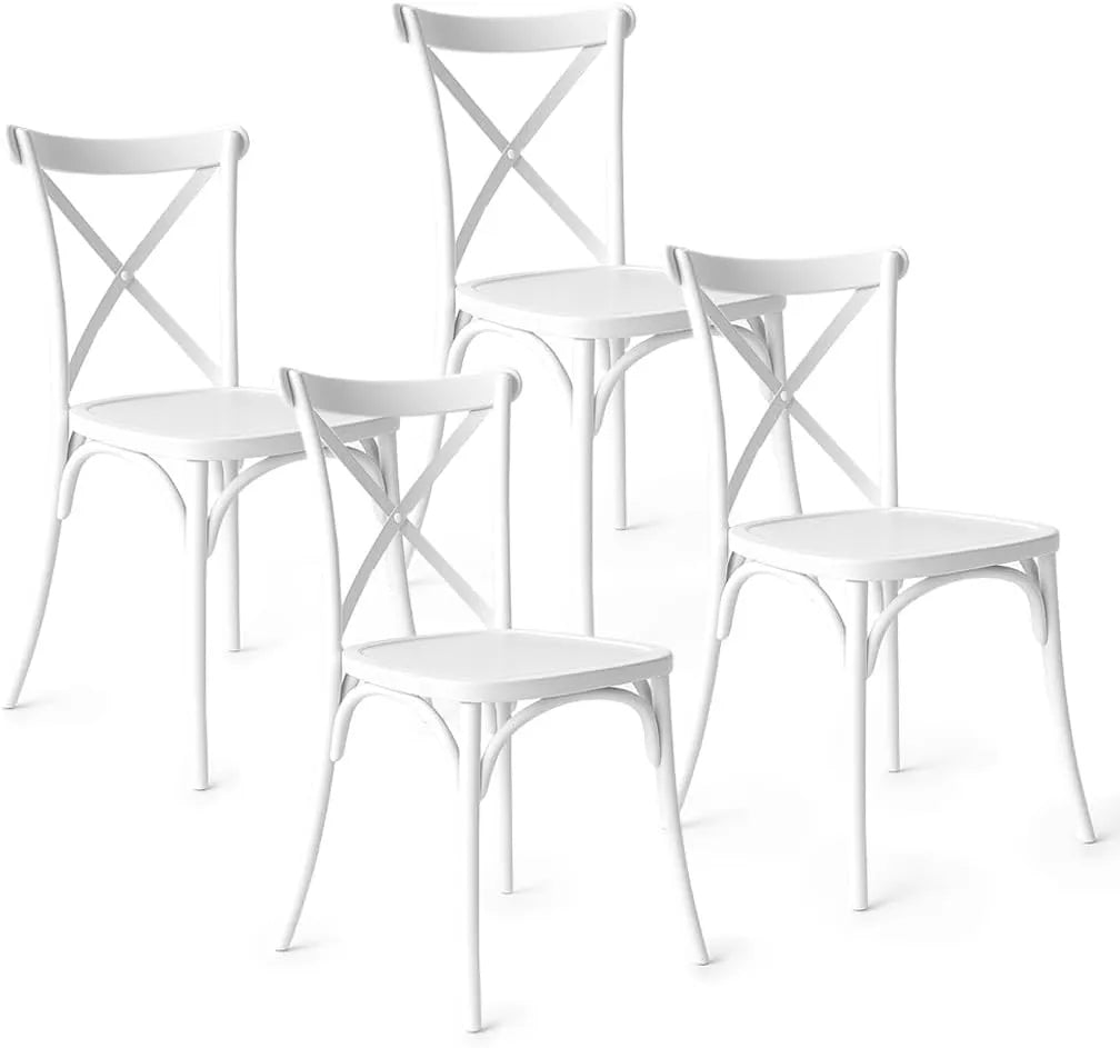 Ensemble de 4 chaises empilables en plastique blanc avec dossier tressé pour intérieur et extérieur, sans montage
