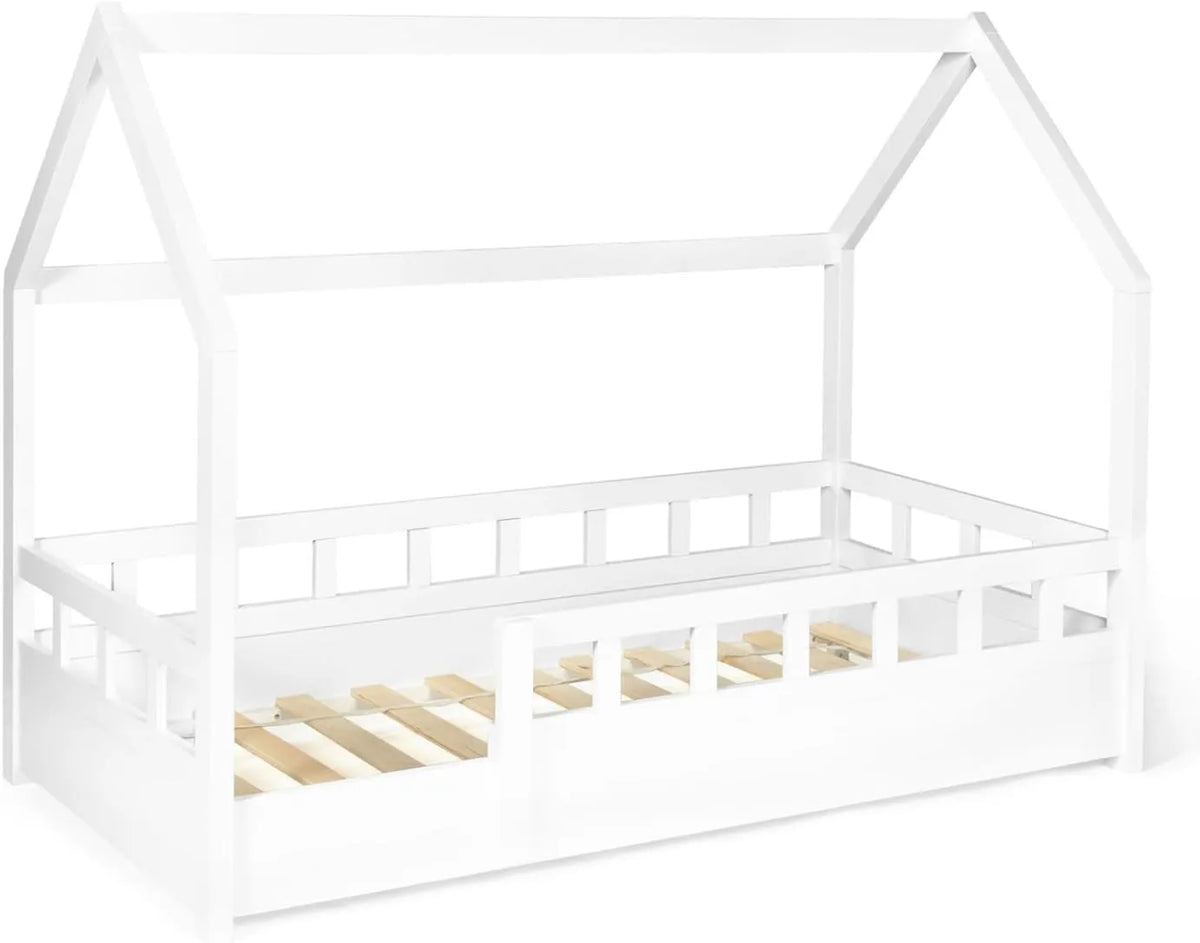 IDMarket - Lit Enfant Cabane NEREE 80x160 cm avec Sommier et Barrières - Blanc