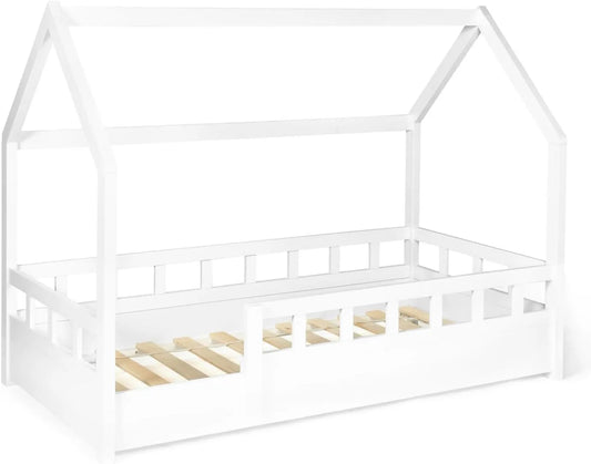 IDMarket - Lit Enfant Cabane NEREE 80x160 cm avec Sommier et Barrières - Blanc