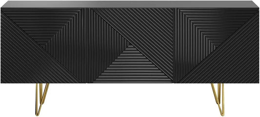 Buffet moderne OZEN noir avec détails dorés, 3 portes, 160 cm