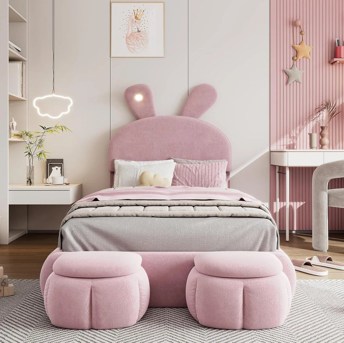 Lit Simple 90x200 avec Sommier, Lampe Lapin et Rangement, Rose