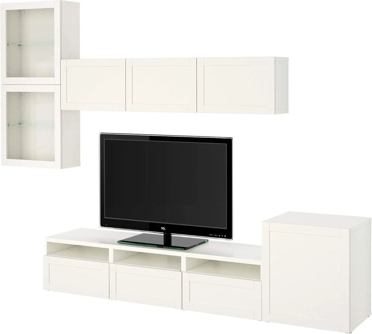Meuble TV BESTÅ IKEA avec portes en verre, 300 x 42 x 211 cm, blanc et verre transparent