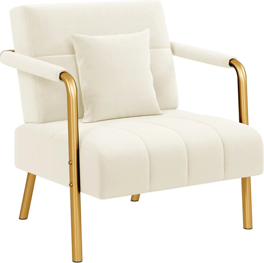 Chaise d'Appoint en Velours Beige avec Coussin, Cadre Métallique Doré, pour Salon ou Bureau