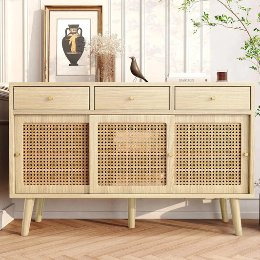 Buffet BTM avec 3 tiroirs et 3 portes coulissantes en rotin, pieds en bois massif, 120 x 40 x 78 cm