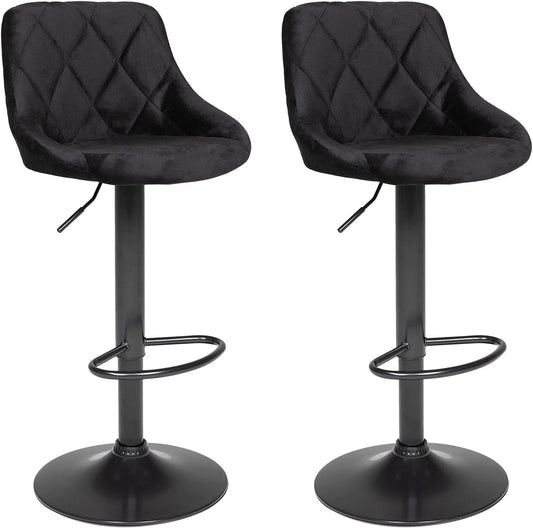 Ensemble de 2 Tabourets de Bar en Velours Noir - Robin - Style Moderne, Hauteur Réglable, Pivotant à 360°, avec Repose-Pieds et Dossier
